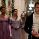 From left: Charithra Chandran as Edwina Sharma, Simone Ashley as Kate Sharma, Shelley Conn as Mary Sharma, and Jonathan Bailey as Anthony Bridgerton in Bridgerton